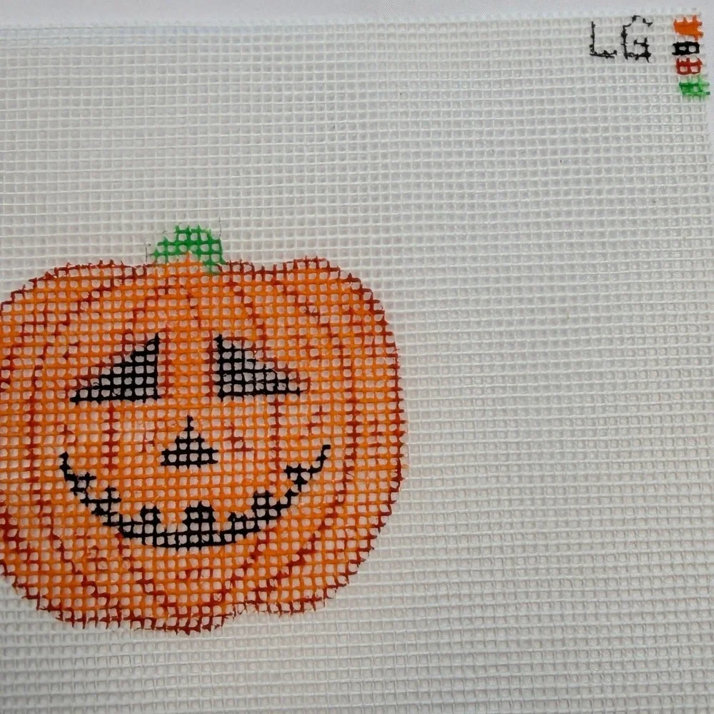 LG Needlepoint Canvas Pumpkin Boo Hand Painted Halloween Orange White LG 571
